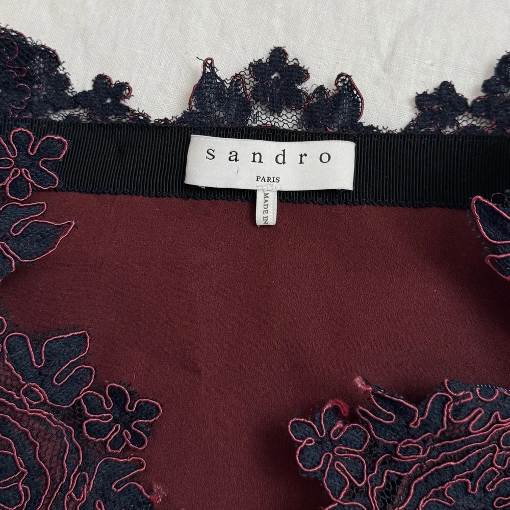 Sandro Paris Lace Overlay Burgundy & Blue Midi Pencil Skirt Size 2 Designer